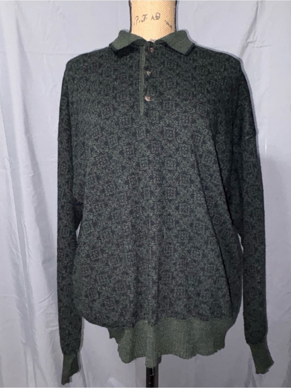 Vtg 90s The Italian Sweater Co. Wool Blend Long Sleeve Patterned Polo Sweater